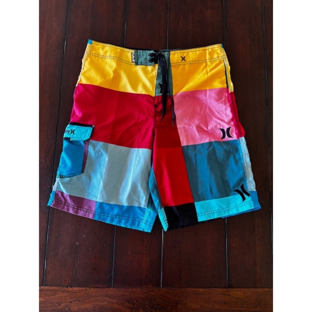 Hurley Men’s Size 34 Swim Trunks Colorblock Board Shorts Yellow Blue Red Green